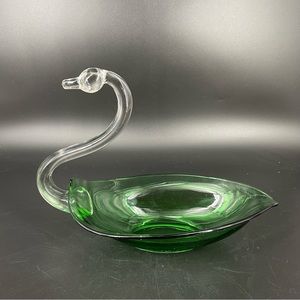 Vintage Duncan Miller Glass SWAN Console Bowl Emerald Green Bowl Candy Dish